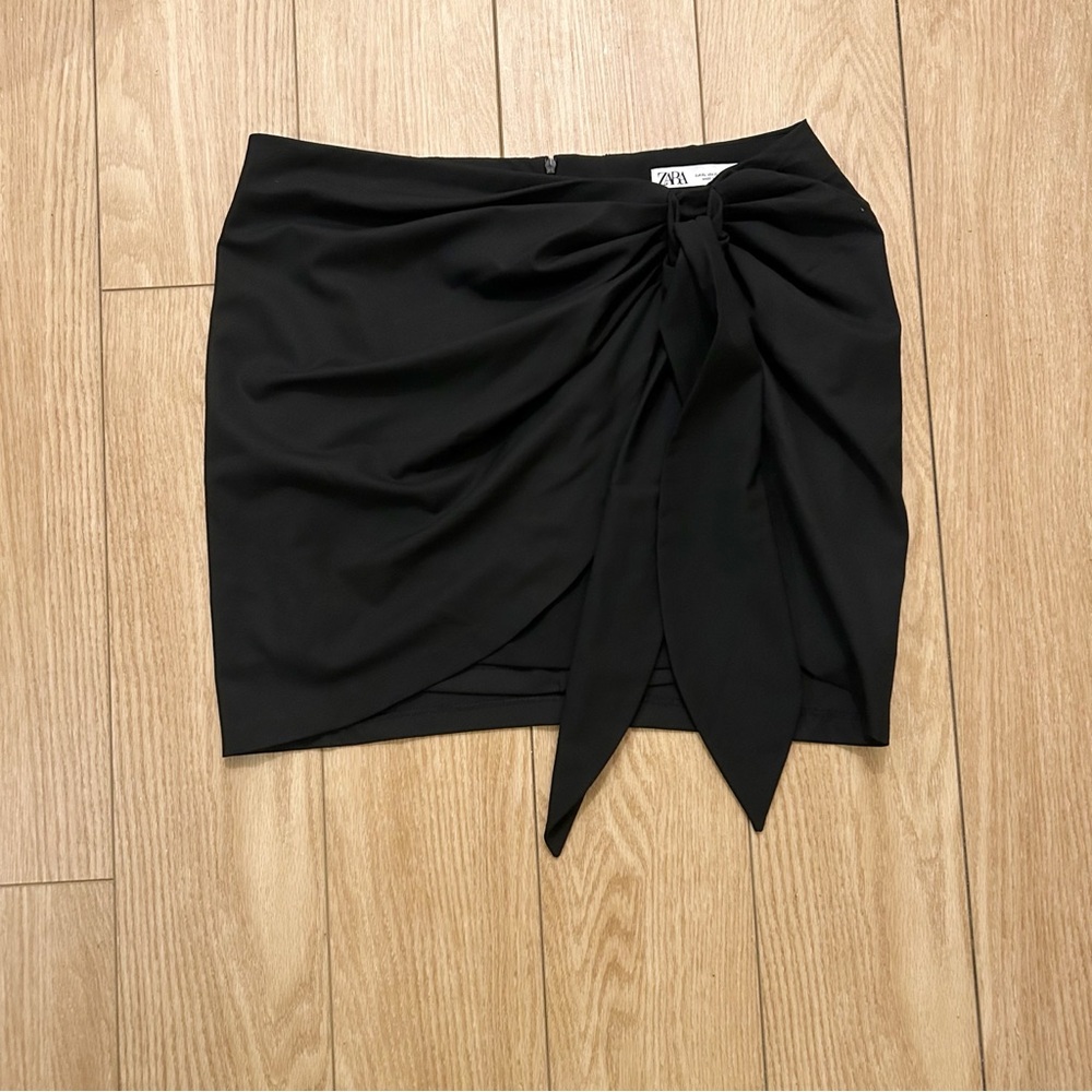 Zara Black Wrap Tied Mini Sarong Skirt Chic Knotted Asymmetrical Bow Size XL